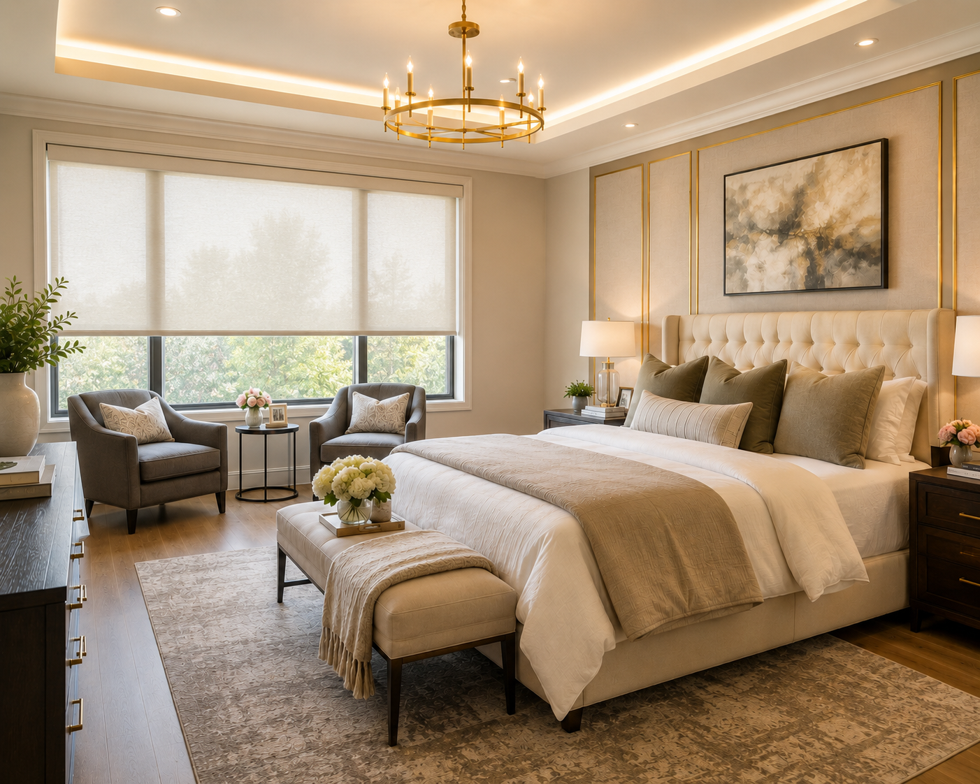 Roller shades in a serene bedroom